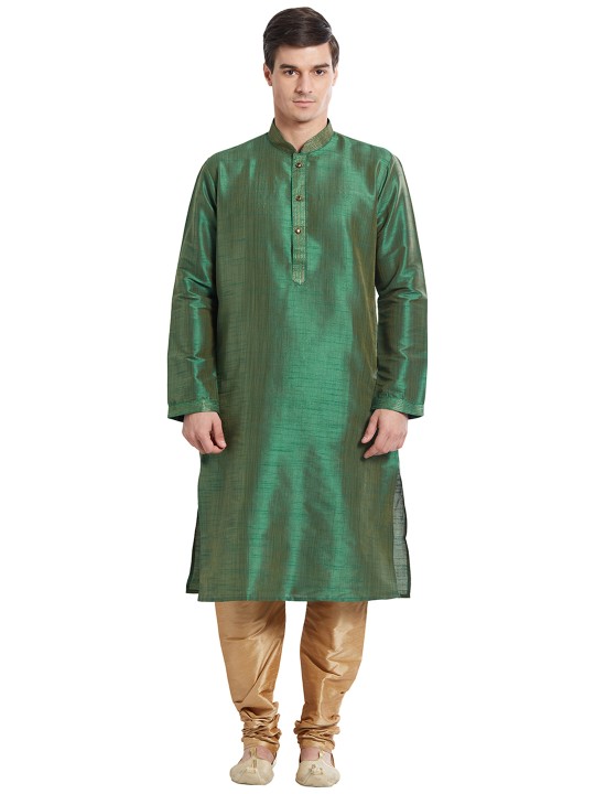 Men Green & Golden Solid Kurta with Pyjamas XS