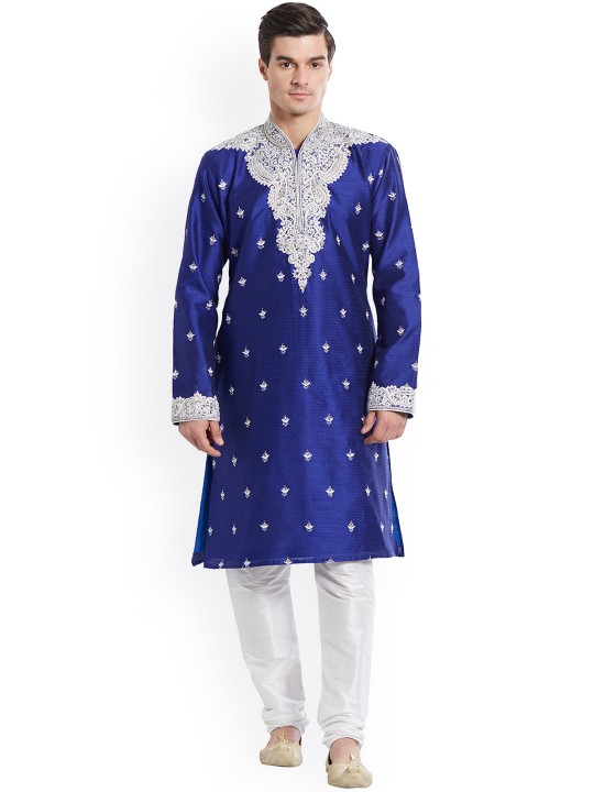 Men Blue & White Embroidered Kurta with Pyjamas S