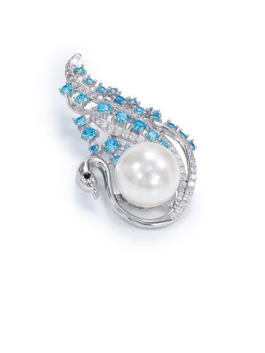 Women Sterling Silver Pearl & CZ Studded Brooch