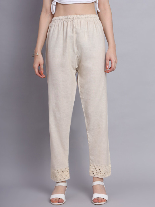 Vastraa Fusion Pure Cotton Lace Hem Design Straight Palazzos