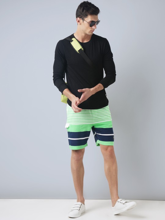Men Green Striped Regular Fit Shorts 30