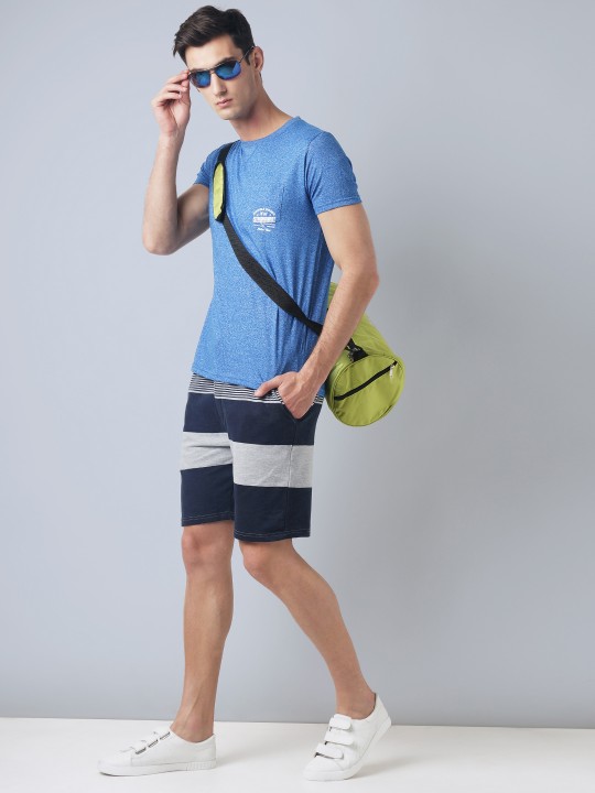 Men Grey And Navy Blue Melange Striped Regular Fit Shorts 30