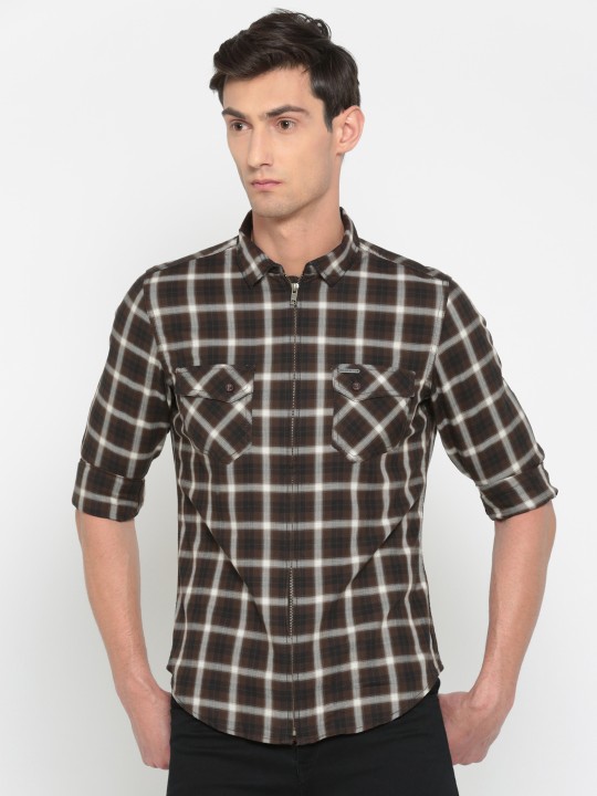 Men Brown Slim Fit Checked Casual Shirt 38