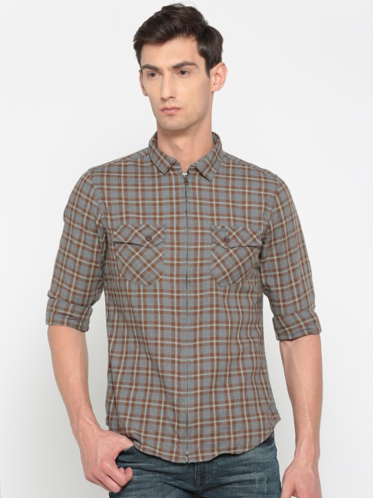 Men Brown & Grey Slim Fit Checked Casual Shirt 38