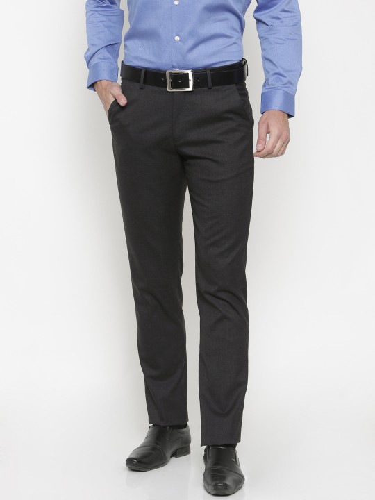 Men Charcoal Grey Slim Fit Solid Formal Trousers 28