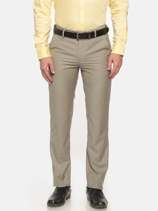 Men Beige Slim Fit Solid Formal Trousers 36