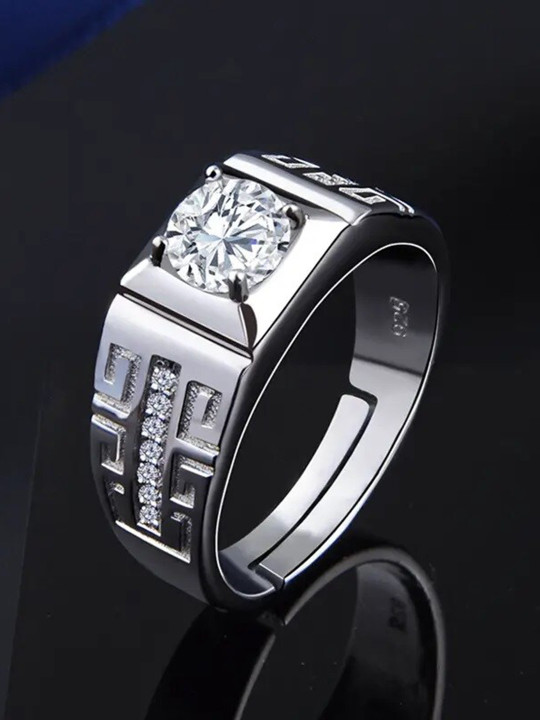 MEENAZ Men Silver-Plated American Diamond Studded Adjustable Finger Ring