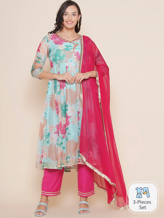 Bhama Couture Floral Printed Angrakha Anarkali Kurta & Trousers With Dupatta