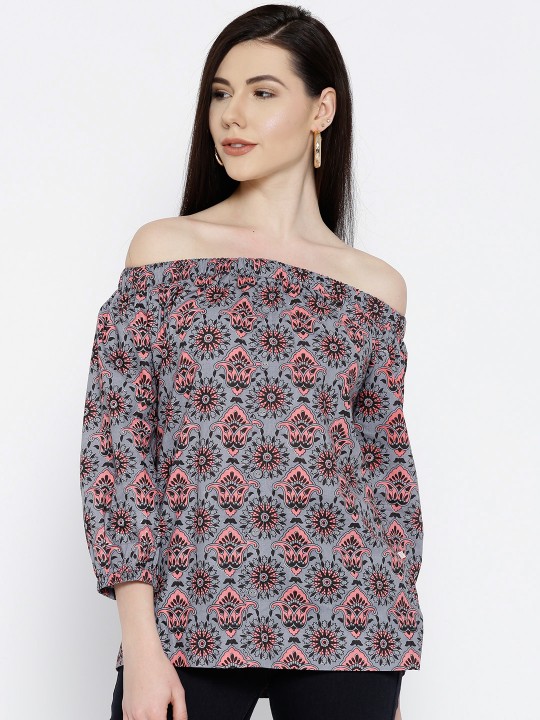 Women Grey Printed Bardot Top S