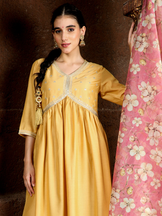 Jaipur Kurti Ethnic Motifs Embroidered V-Neck Anarkali Kurta