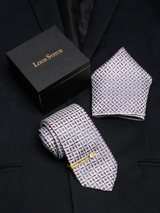 LOUIS STITCH Men Printed Italian Silk Necktie Accessory Gift Set