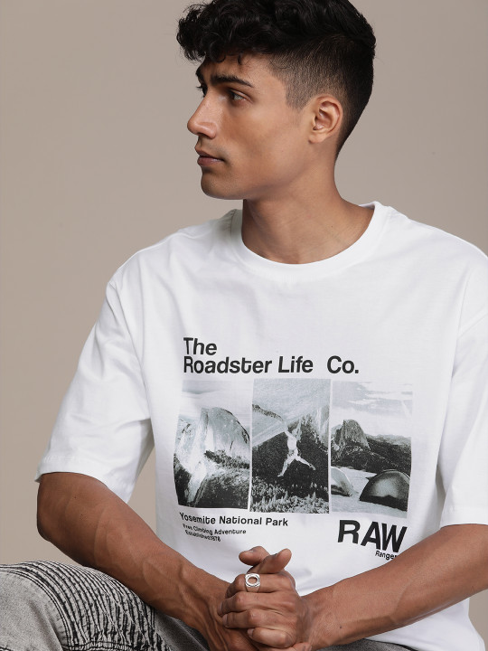 The Lifestyle Co. Oversized Fit Printed Drop-Shoulder Sleeves Pure Cotton T-shirt