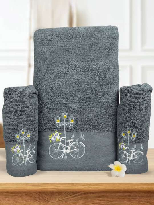 RANGOLI 3 Pcs Grey Self Design 550 GSM Pure Cotton Anti-Bacterial Towel Set