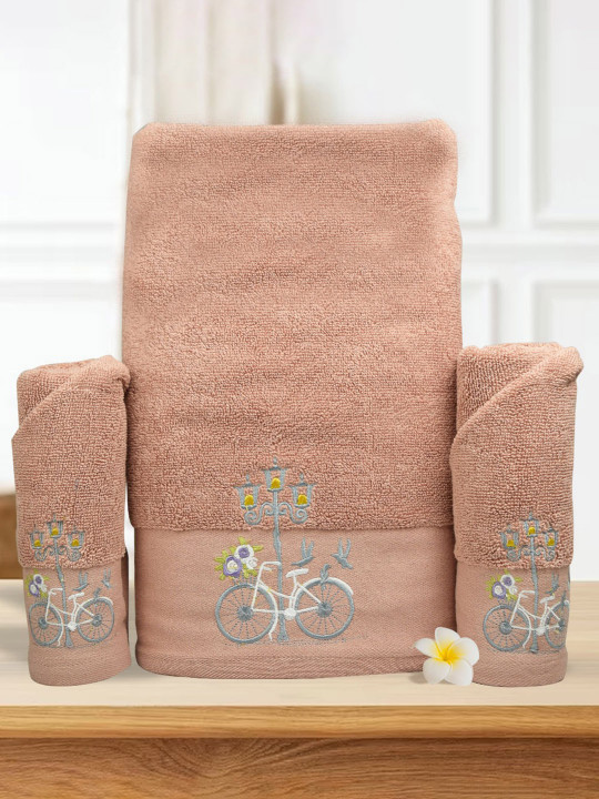 RANGOLI Peach Colored 3 Pcs Cotton Anti-Bacterial 550 GSM Reversible Bath Towel