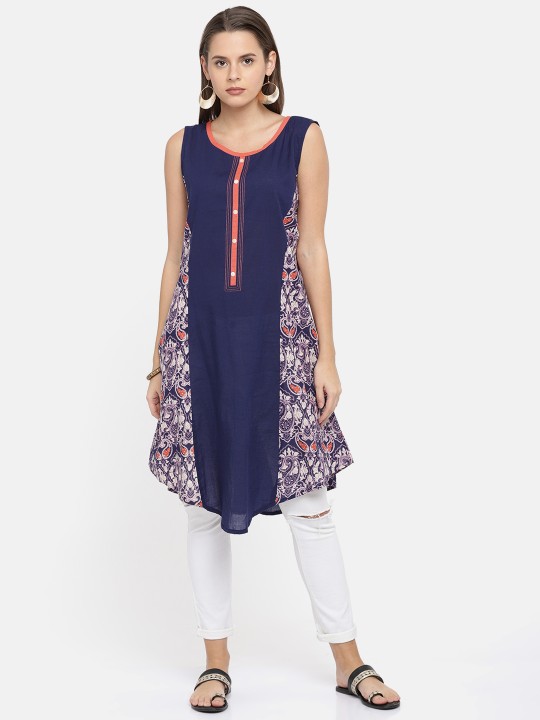 Women Navy Blue Printed A-Line Kurta XXL