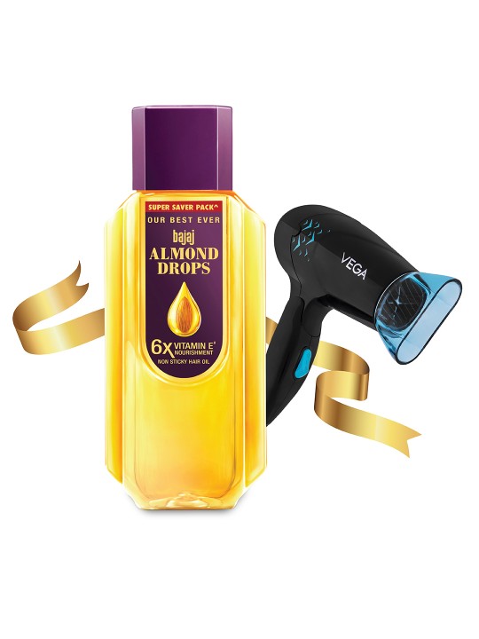 Bajaj Consumer Care Almond Drops Hair Oil 650 ml & Vega 1000W Hair Dryer