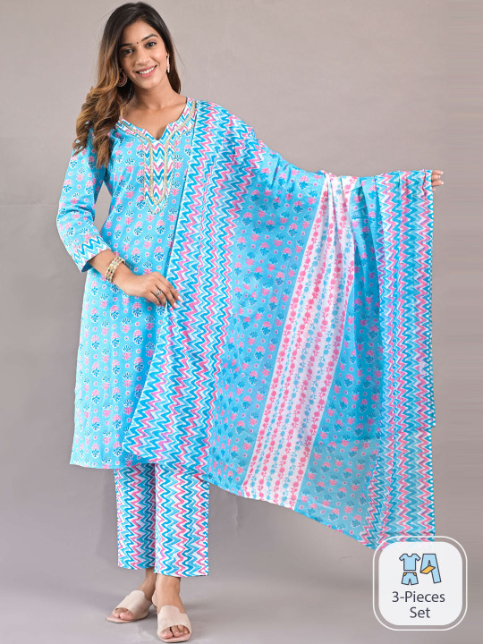 KALINI Ethnic Motifs Printed Regular Pure Cotton Kurta With Trousers & Dupatta