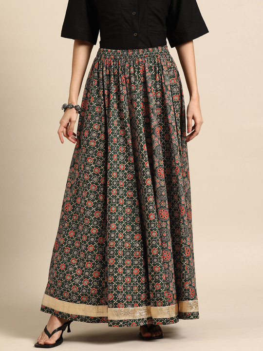 anayna Anayna Women Printed A-Line Flared Cotton Maxi Skirt