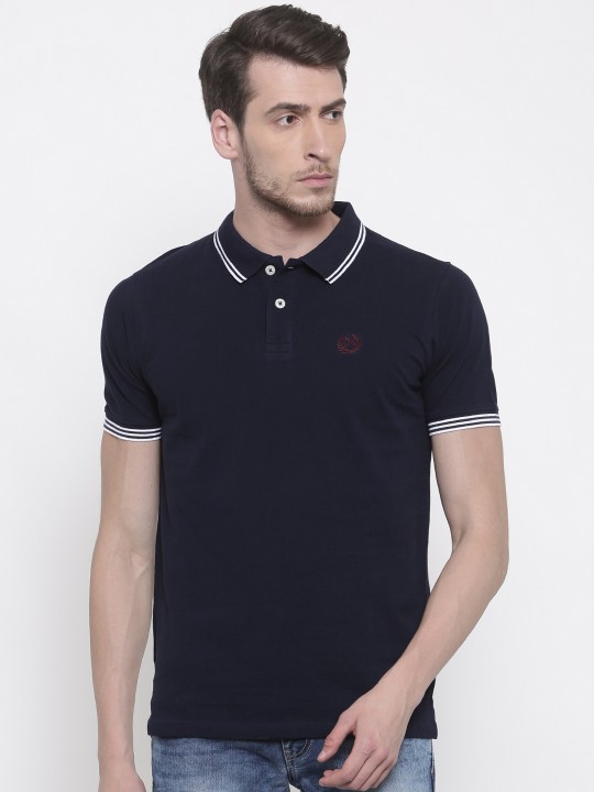 Men Navy Slim Fit Solid Polo Collar T-shirt S