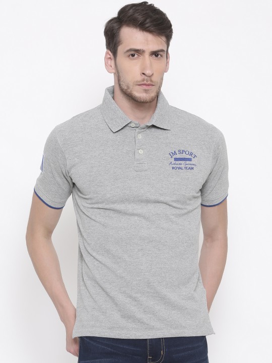 Men Grey Slim Fit Solid Polo Collar T-shirt S