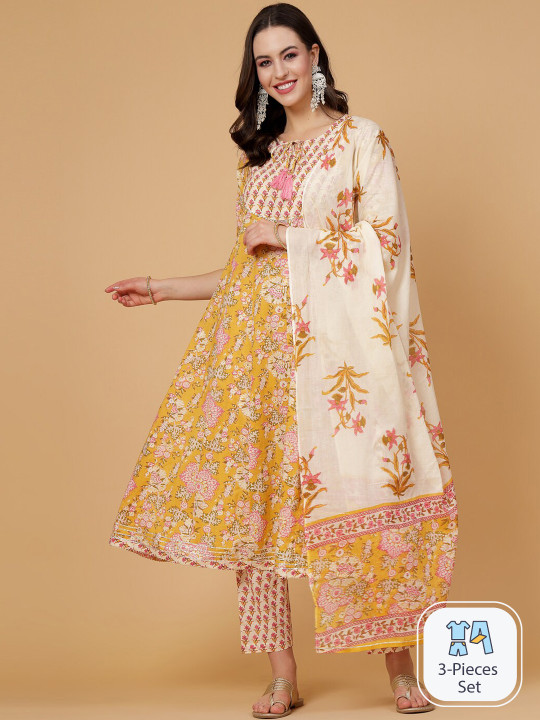 Pistaa Floral Printed Gotta Patti Pure Cotton Kurta with Trousers & Dupatta