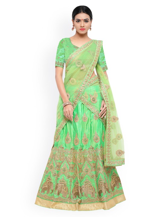Lime Green Semi-Stitched Lehenga & Blouse with Dupatta