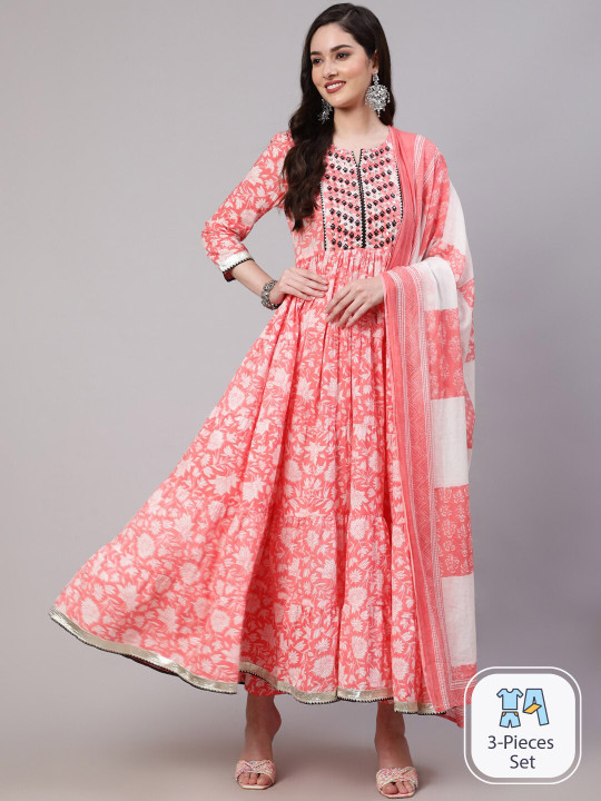 Mizaz Floral Printed Thread Work Pure Cotton Anarkali Kurta With Trousers & Dupatta