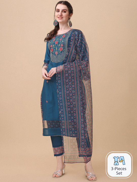 KALINI Ethnic Motifs Embroidered Thread Work Kurta & Trousers With Dupatta