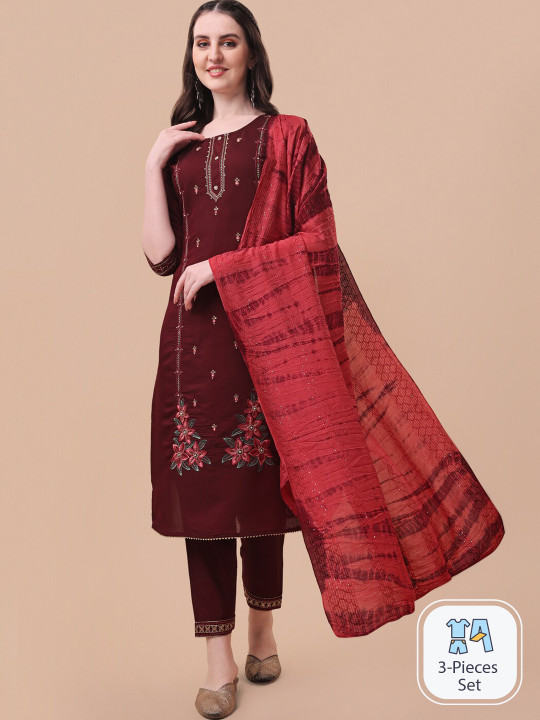 KALINI Ethnic Motifs Embroidered Thread Work Detail Kurta & Trousers With Dupatta