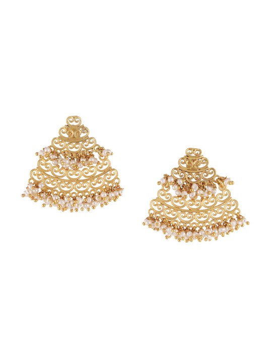 Gold-Toned & Off-White Triangular Handcrafted Jhumkas