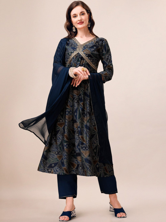 KALINI Floral Embroidered Empire Chanderi Cotton Kurta & Trousers With Dupatta