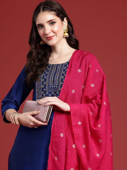 Anouk Women Ethnic Motifs Yoke Design Thread Work Kurta with Trousers & With Dupatta