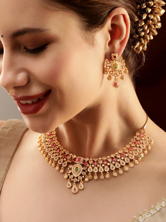 price history - 22K Gold-Plated Brass Emerald Ruby Pink Kundan & CZ Stone Traditional Necklace Set