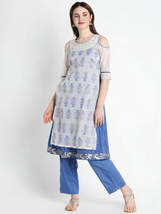 Women Off-White & Blue Printed Kurta with Trousers XS