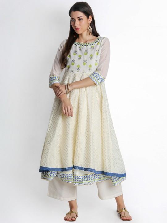 Women Off-White Embroidered Kurta with Palazzos XS