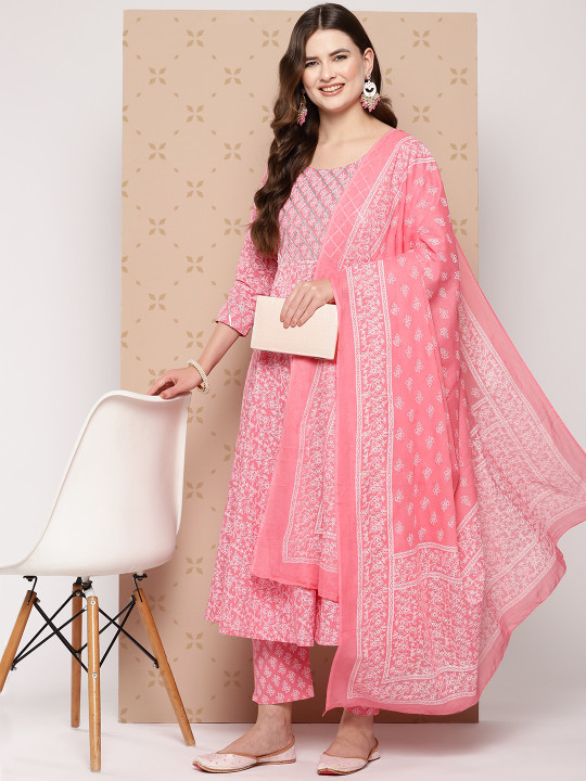 KALINI Pure Cotton Ethnic Motifs Printed Anarkali Kurta With Trousers & With Dupatta