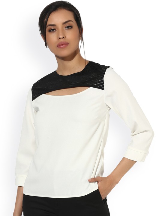 Women Off-White & Black Solid Top S