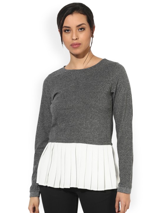 Women Grey & White Self Design Top S