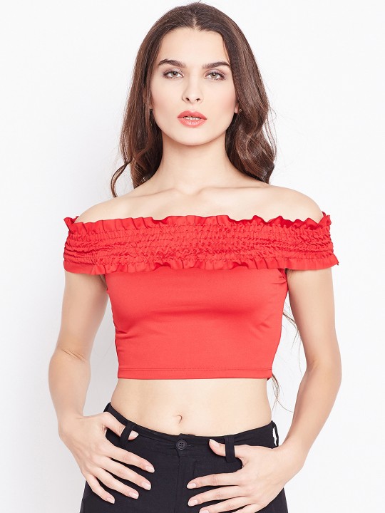 Women Red Off Shoulder Solid Tube Top XS
