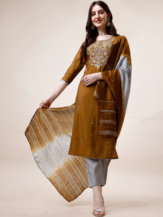KALINI Floral Yoke Design Thread Work Chanderi Cotton Kurta & Trousers With Dupatta
