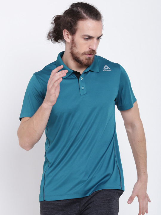 Men Blue Core Polyester Solid Polo Collar Training T-shirt