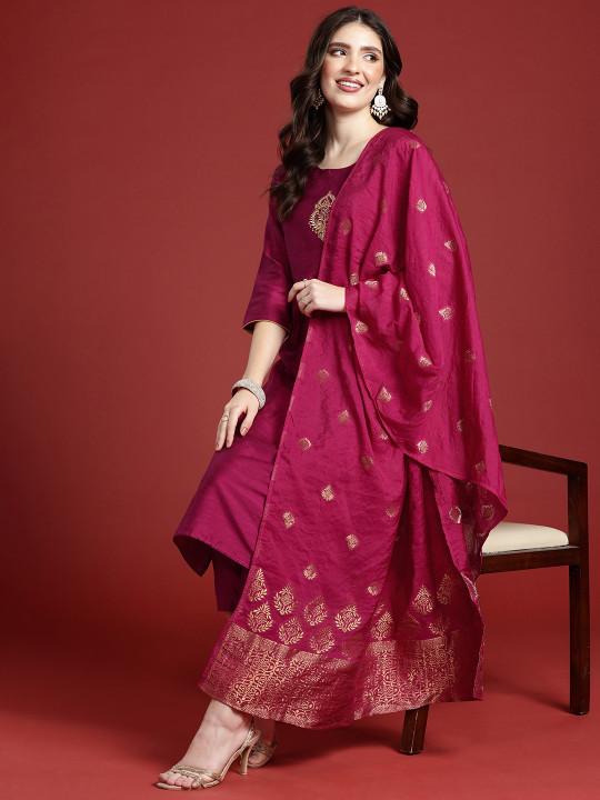 Anouk Women Ethnic Motifs Embroidered Thread Work Kurta with Trousers & With Dupatta