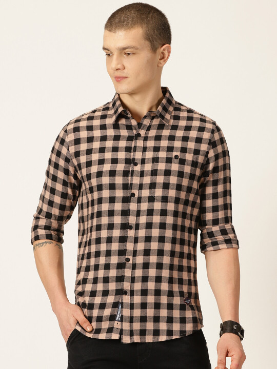 Provogue Classic Slim Fit Buffalo Checked Spread Collar Pocket Cotton Casual Shirt