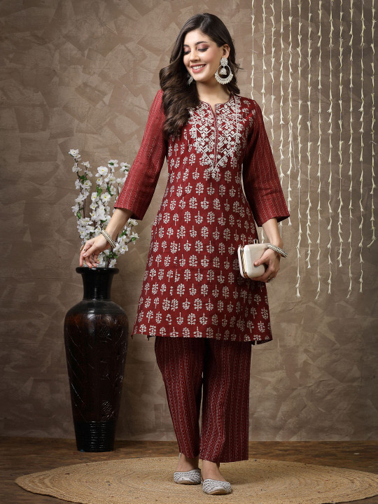 Nayam By Lakshita Women Maroon Floral Yoke Design Regular Chanderi Cotton Kurta with Palazzos