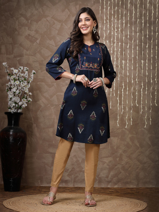 Nayam By Lakshita Navy Blue Floral Yoke Design Thread Work Thread Work Kurti