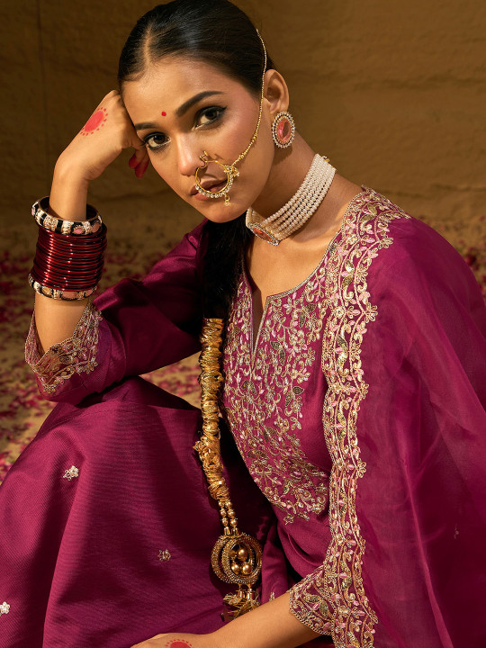 Indo Era Floral Embroidered Sequinned Liva Kurta with Trousers & Dupatta