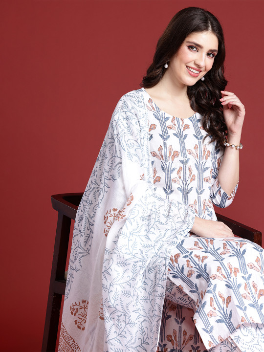 Anouk Women Floral Printed Regular Cotton Kurta with Trousers & With Dupatta