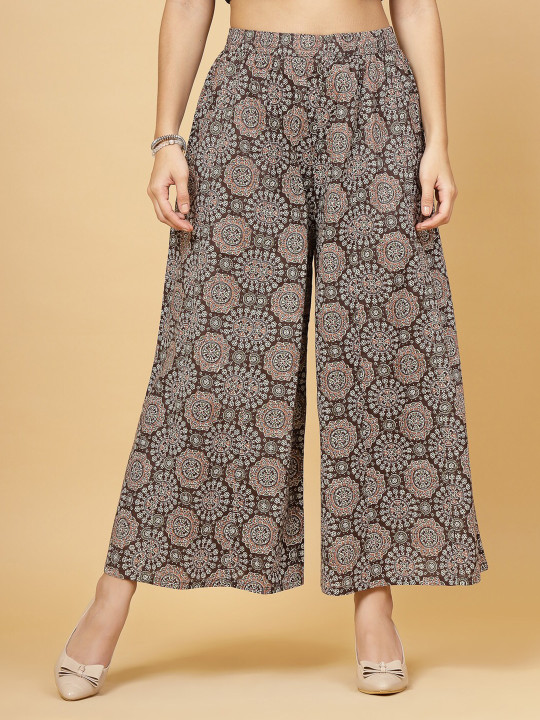 Pistaa Floral Printed Cotton Flared Palazzos