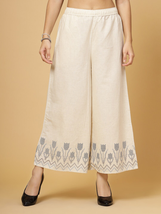 Pistaa Women Floral Hem Design Cotton Flared Palazzos