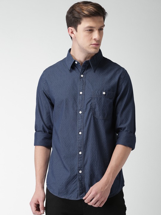 Men Blue Regular Fit Self Design Casual Shirt